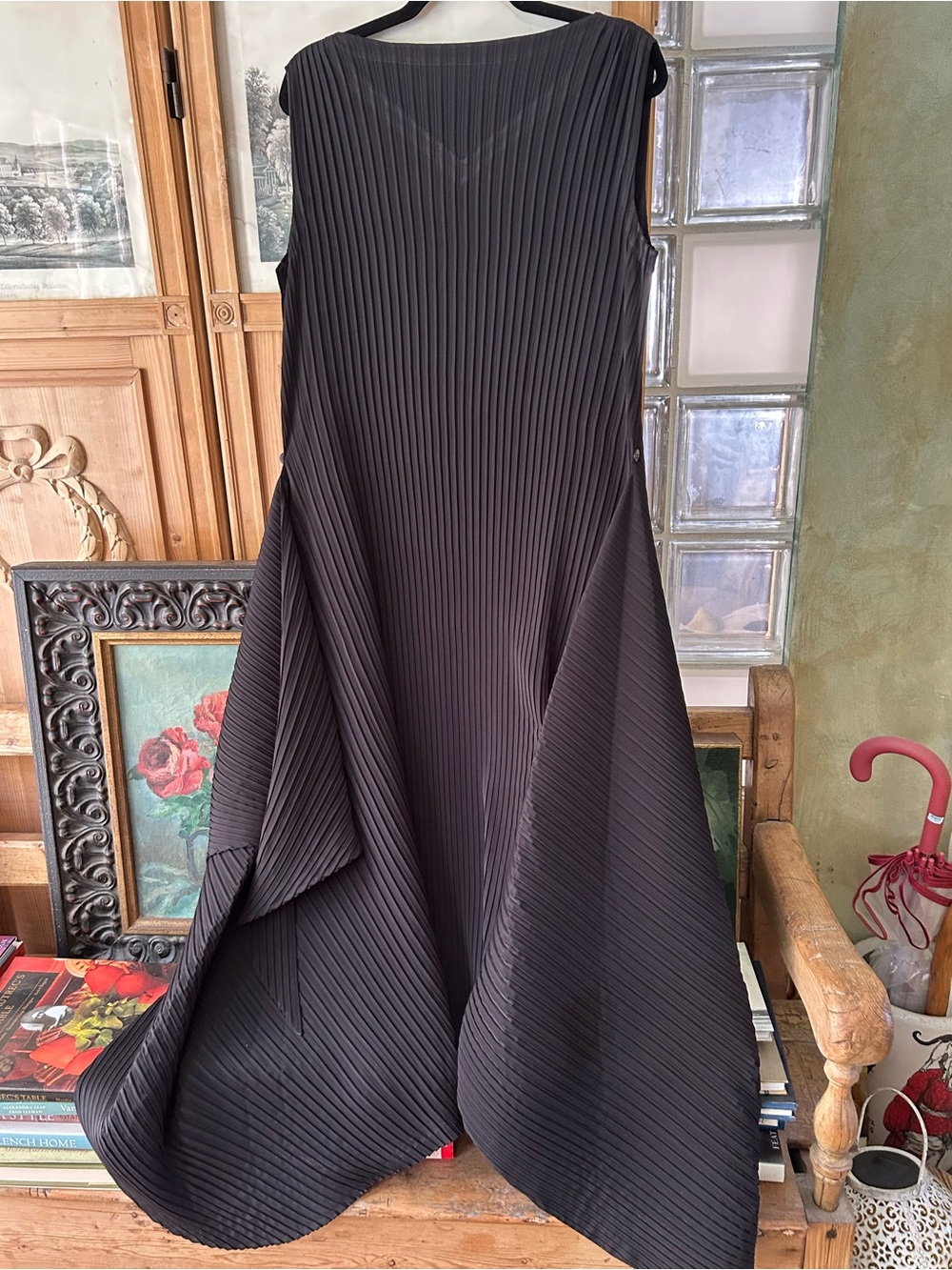 Issey Miyake Women's Black Pleated Tie Low Midi Dress Classic Dramatic Style - Picture 5 of 6